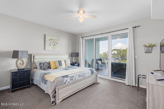 bedroom featuring dark colored carpet, access to exterior, and ceiling fan