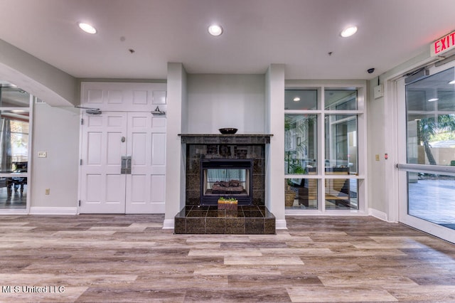 living room featuring light hardwood / wood-style flooring and a fireplace