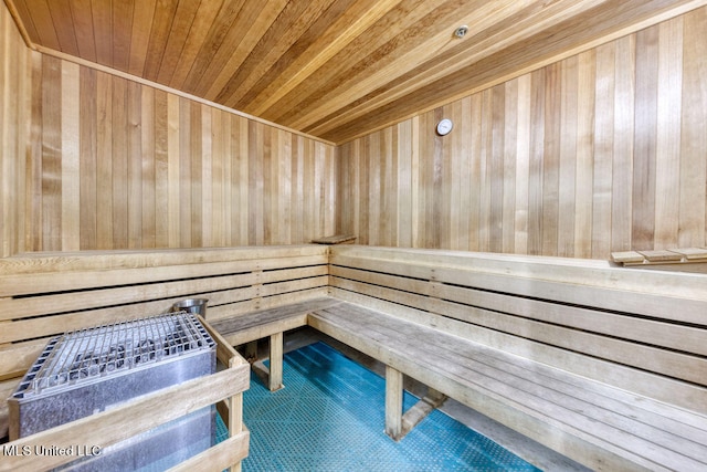 view of sauna / steam room featuring wood walls and wooden ceiling