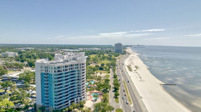 aerial view featuring a view of the beach and a water view