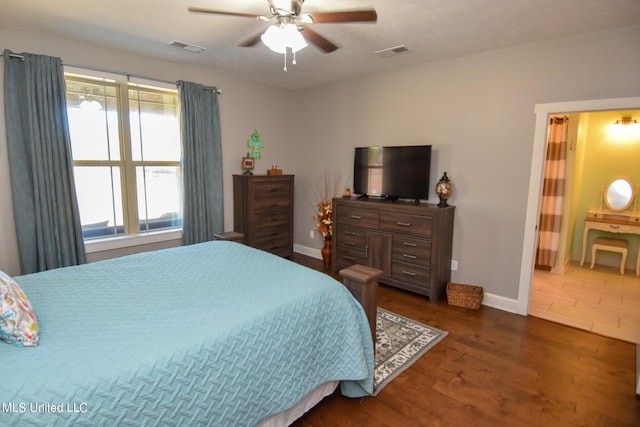 bedroom featuring dark wood-type flooring and ceiling fan