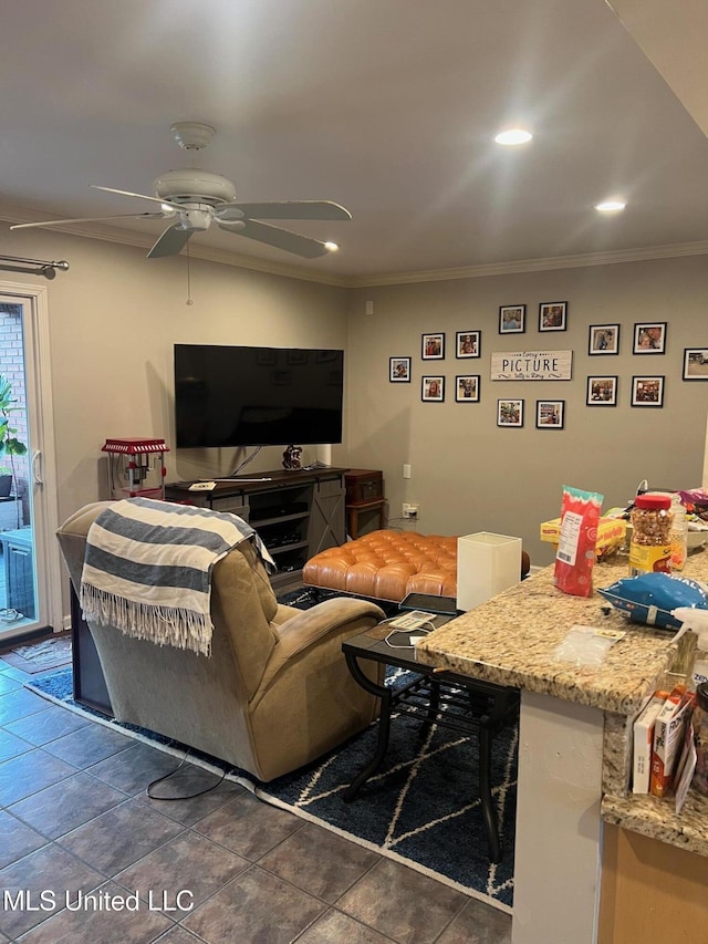 tiled living room featuring crown molding and ceiling fan