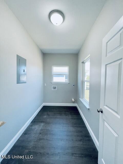 washroom with electric panel and dark hardwood / wood-style floors