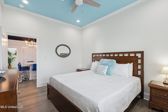 bedroom with dark wood-type flooring and ceiling fan