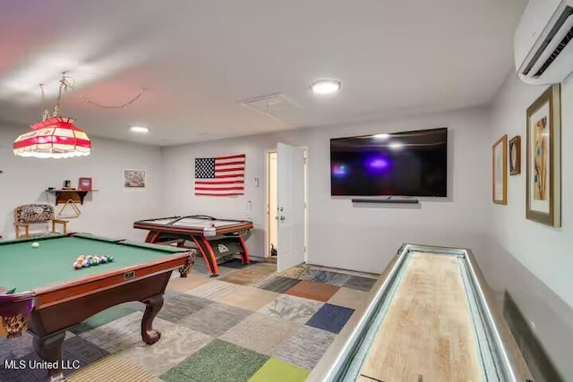 rec room with billiards and a wall mounted AC