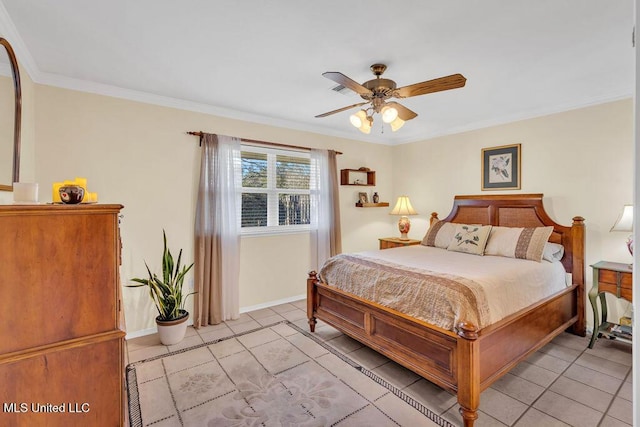 bedroom with light tile patterned floors, baseboards, a ceiling fan, and crown molding