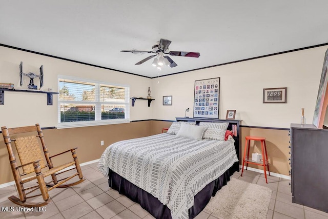 bedroom with light tile patterned floors, baseboards, a ceiling fan, and crown molding