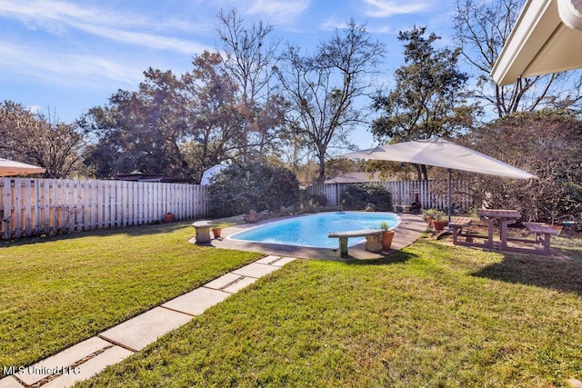 view of pool featuring a yard, a fenced backyard, and a fenced in pool