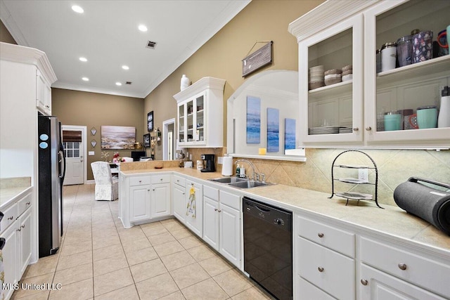 kitchen featuring dishwasher, ornamental molding, white cabinets, and stainless steel fridge with ice dispenser