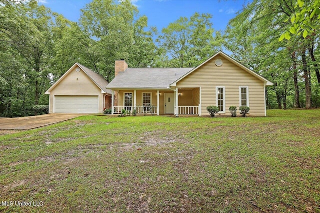 ranch-style home featuring a porch, a chimney, and a front lawn