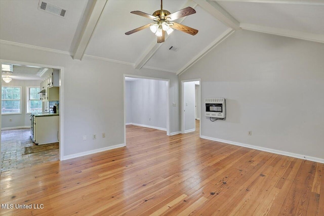 unfurnished living room with heating unit, ceiling fan, light wood-style floors, and visible vents