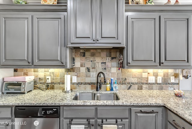 kitchen featuring a sink, backsplash, dishwasher, and gray cabinets