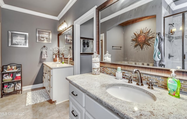 full bathroom with a sink, backsplash, two vanities, and ornamental molding