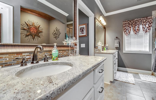 full bathroom featuring tile patterned floors, ornamental molding, tasteful backsplash, baseboards, and vanity