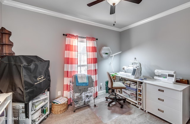 office space with a ceiling fan, carpet, and crown molding