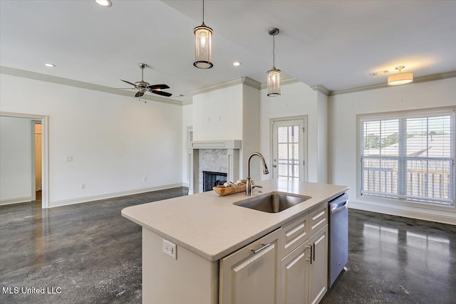 kitchen with a fireplace, concrete floors, a sink, and dishwasher