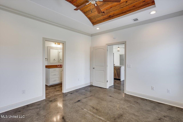 unfurnished bedroom featuring baseboards, wood ceiling, lofted ceiling, and visible vents