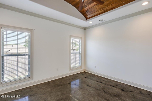 spare room with visible vents, dark colored carpet, baseboards, vaulted ceiling, and wood ceiling