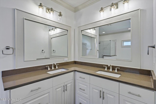 bathroom featuring crown molding, double vanity, and a sink