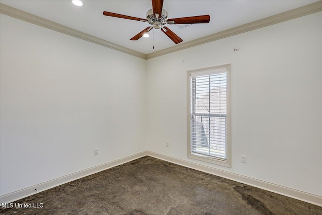 empty room with ceiling fan, crown molding, baseboards, dark colored carpet, and recessed lighting