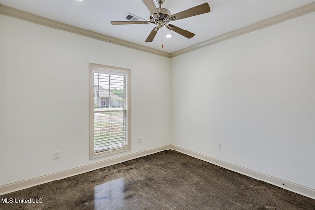 empty room with crown molding, baseboards, dark carpet, ceiling fan, and recessed lighting