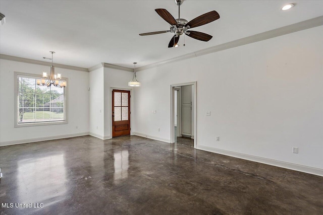 unfurnished living room featuring baseboards, a wealth of natural light, finished concrete floors, and ceiling fan with notable chandelier