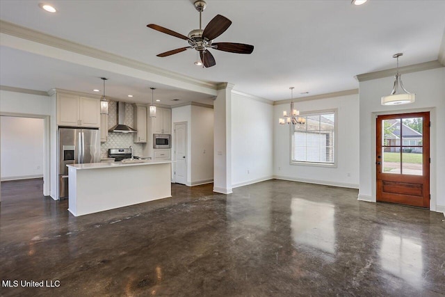 unfurnished living room with recessed lighting, ornamental molding, and concrete floors