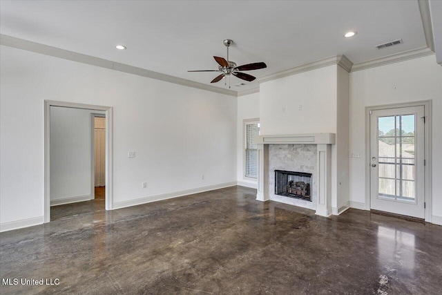 unfurnished living room featuring crown molding, a fireplace, a ceiling fan, finished concrete floors, and visible vents