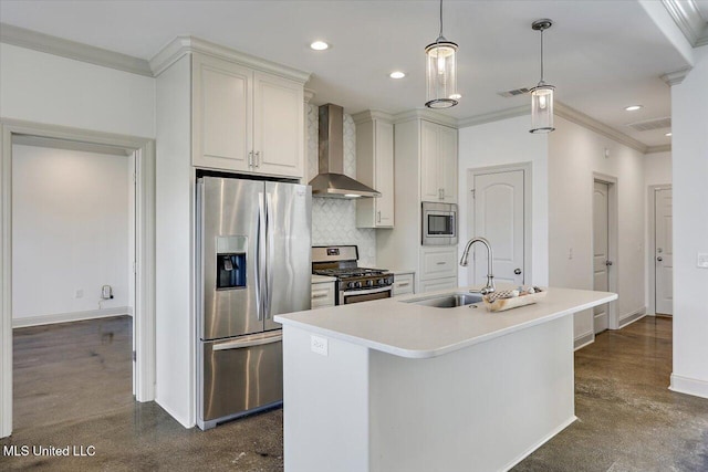 kitchen featuring decorative backsplash, a sink, ornamental molding, stainless steel appliances, and wall chimney exhaust hood