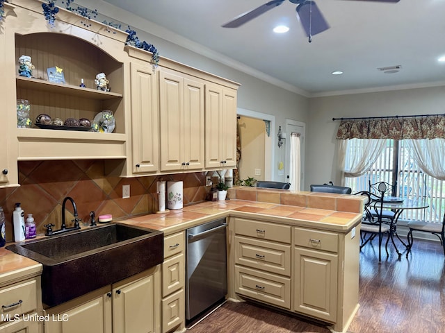 856 Wellington Way, Madison, MS 39110 - kitchen featuring stainless steel dishwasher, tile counters, a sink, a peninsula, and a ceiling fan
