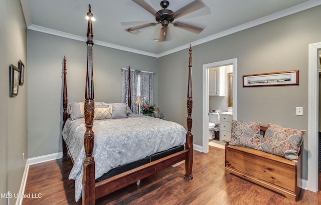 856 Wellington Way, Madison, MS 39110 - bedroom with baseboards, wood finished floors, crown molding, connected bathroom, and a ceiling fan