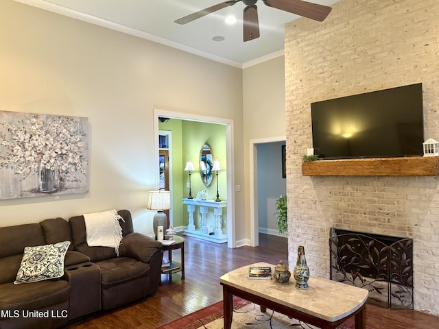 856 Wellington Way, Madison, MS 39110 - living area with ceiling fan, wood finished floors, crown molding, a fireplace, and baseboards