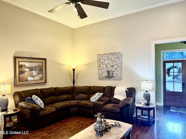 856 Wellington Way, Madison, MS 39110 - living room featuring ceiling fan, dark wood-type flooring, crown molding, and baseboards