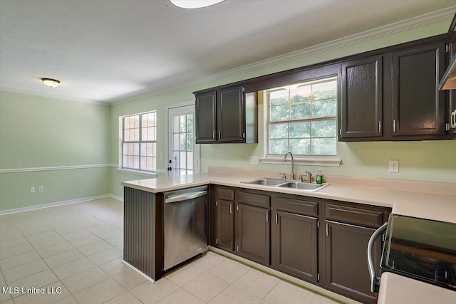 4328 Blaine Cir, Byram, MS 39272 - kitchen with dishwasher, black range with electric stovetop, light tile patterned floors, crown molding, and light countertops