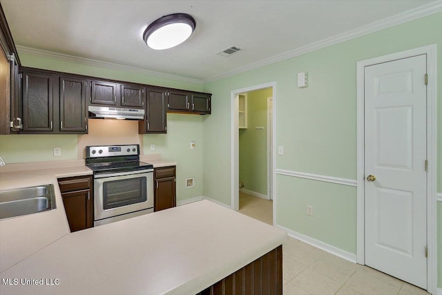 4328 Blaine Cir, Byram, MS 39272 - kitchen featuring stainless steel range with electric stovetop, under cabinet range hood, light countertops, crown molding, and dark brown cabinetry