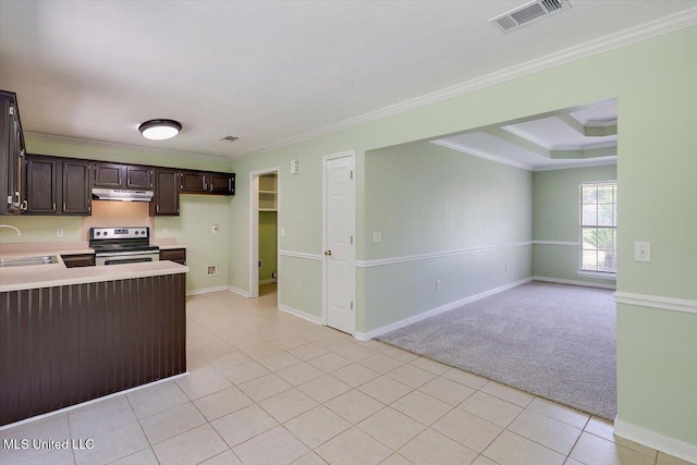 4328 Blaine Cir, Byram, MS 39272 - kitchen featuring electric range, dark brown cabinetry, under cabinet range hood, light countertops, and open floor plan