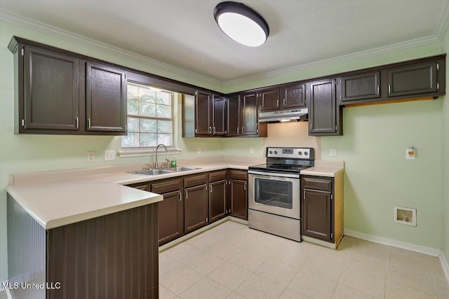 4328 Blaine Cir, Byram, MS 39272 - kitchen with stainless steel range with electric stovetop, under cabinet range hood, a peninsula, light countertops, and dark brown cabinetry