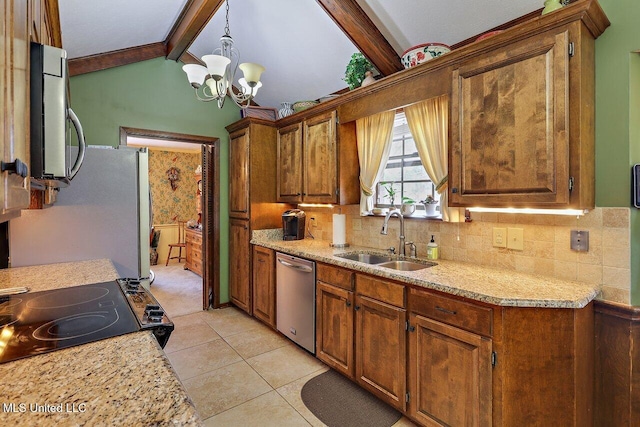 kitchen with lofted ceiling with beams, light tile patterned floors, a sink, appliances with stainless steel finishes, and backsplash