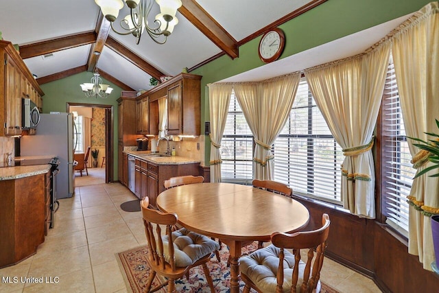 dining room featuring lofted ceiling with beams, light tile patterned floors, visible vents, and an inviting chandelier