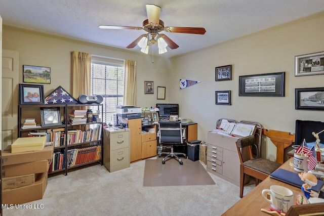 office area with ceiling fan, ornamental molding, a textured ceiling, and light colored carpet