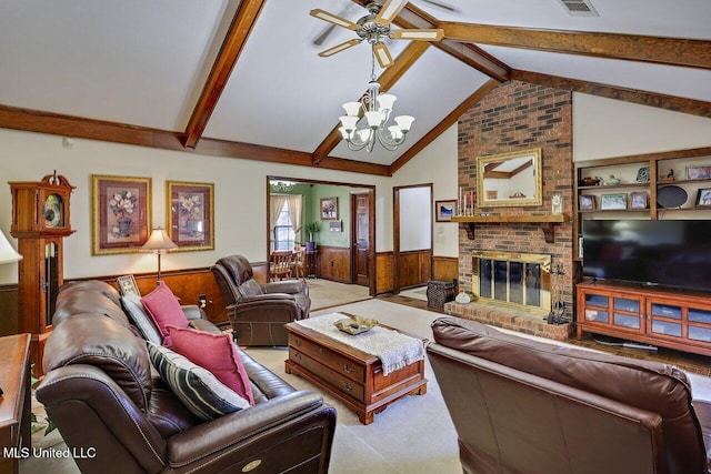 living area featuring lofted ceiling with beams, light colored carpet, wood walls, wainscoting, and a brick fireplace