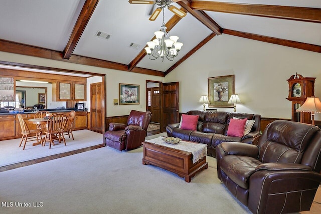 living area with light colored carpet, visible vents, beamed ceiling, and an inviting chandelier