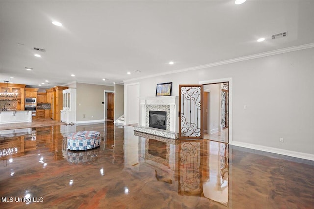12025 Springridge Rd, Terry, MS 39170 - living room with crown molding, recessed lighting, and a tile fireplace