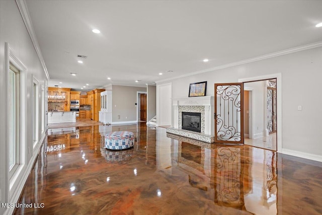 12025 Springridge Rd, Terry, MS 39170 - living room featuring crown molding, recessed lighting, and a tiled fireplace