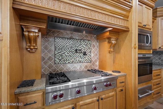 12025 Springridge Rd, Terry, MS 39170 - kitchen featuring stainless steel appliances, decorative backsplash, a warming drawer, and light stone countertops