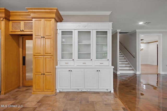 12025 Springridge Rd, Terry, MS 39170 - unfurnished dining area with ornamental molding, stairs, and recessed lighting