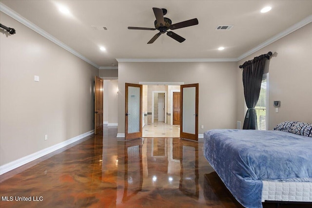 12025 Springridge Rd, Terry, MS 39170 - bedroom with french doors, crown molding, recessed lighting, and a ceiling fan