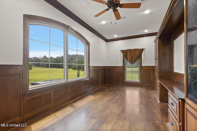 12025 Springridge Rd, Terry, MS 39170 - unfurnished living room with a wainscoted wall, crown molding, dark wood finished floors, a ceiling fan, and recessed lighting