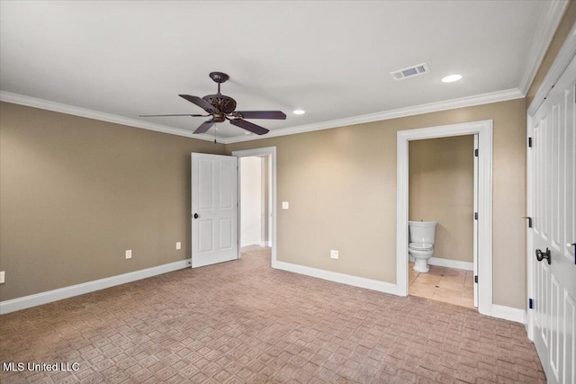 12025 Springridge Rd, Terry, MS 39170 - unfurnished bedroom with ornamental molding, light colored carpet, recessed lighting, connected bathroom, and ceiling fan