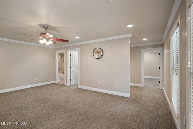 12025 Springridge Rd, Terry, MS 39170 - carpeted empty room featuring a ceiling fan, recessed lighting, and ornamental molding